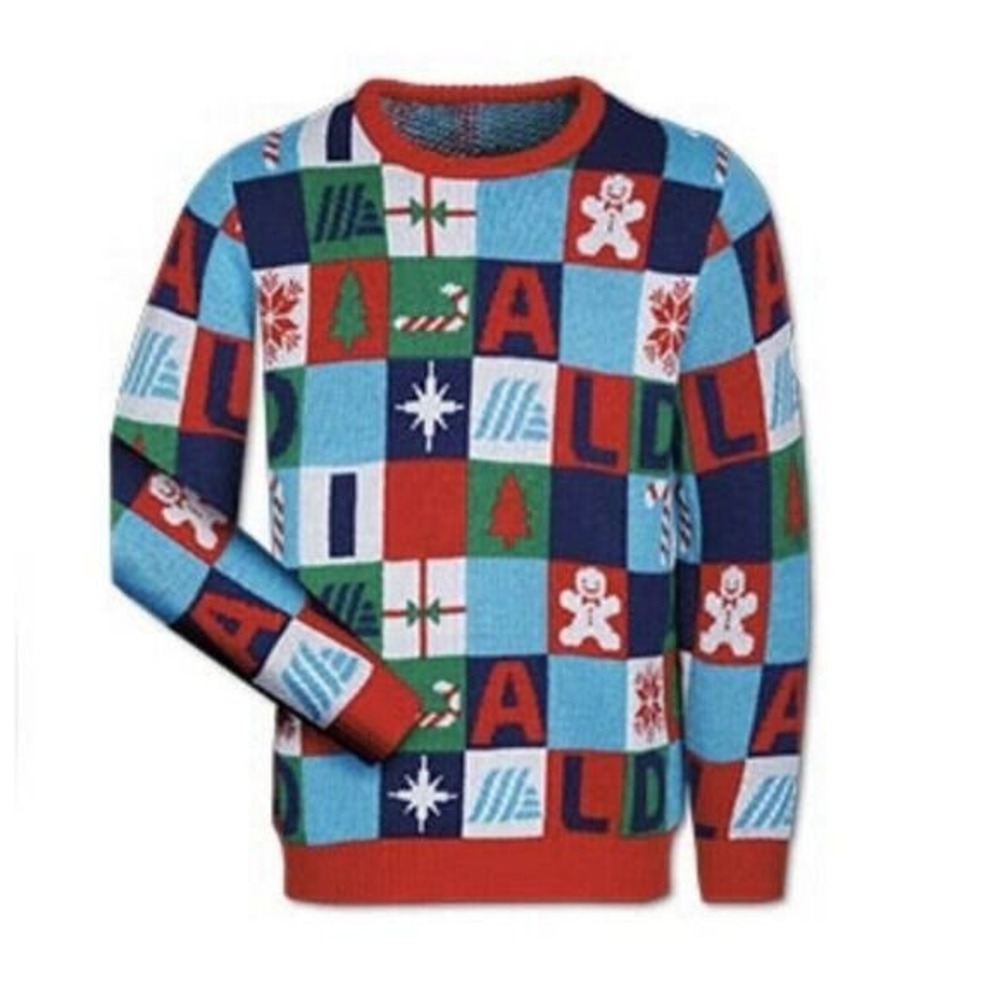 Aldi Gear Holiday Ugly Christmas Sweater Womens Mens Size‎ L Blue Red Patchwork